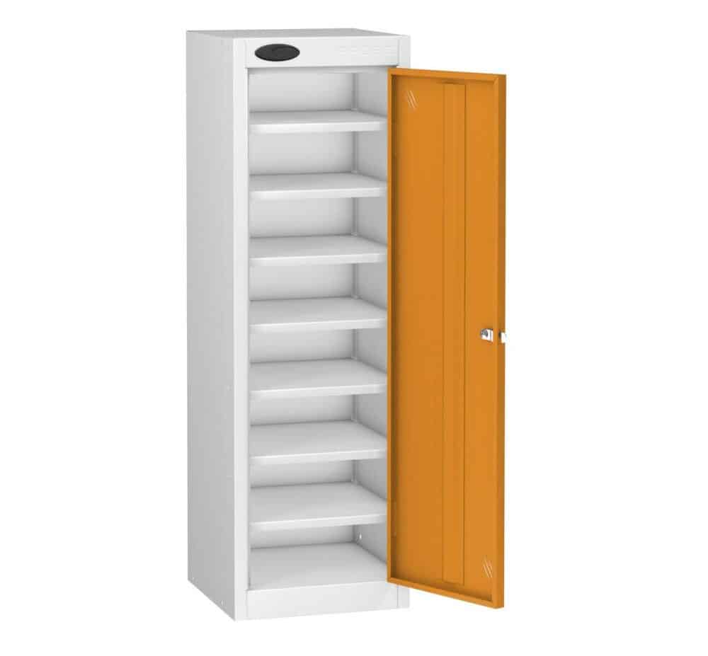 TABBOX Tablet 1 Door Storage Lockers With Orange Colour Door and White Carcass.