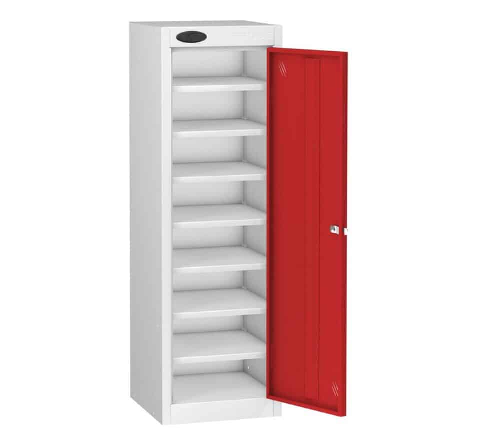 TABBOX Tablet 1 Door Storage Lockers With Red Colour Door and White Carcass.