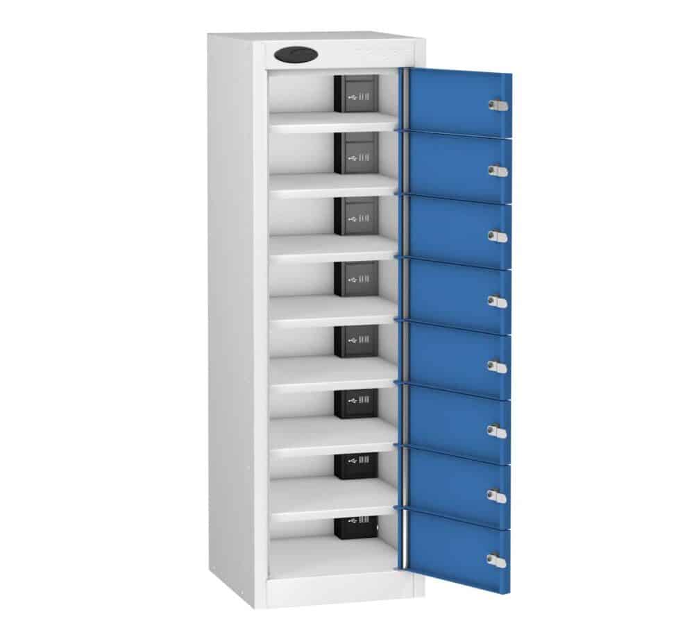 TABBOX 8 Shelf 8 Door Charging Locker With Blue Colour Door Open and Compartments Visible
