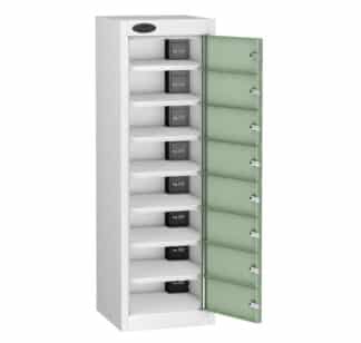 TABBOX 8 Shelf 8 Door Charging Locker With Jade Colour Door Open and Compartments Visible