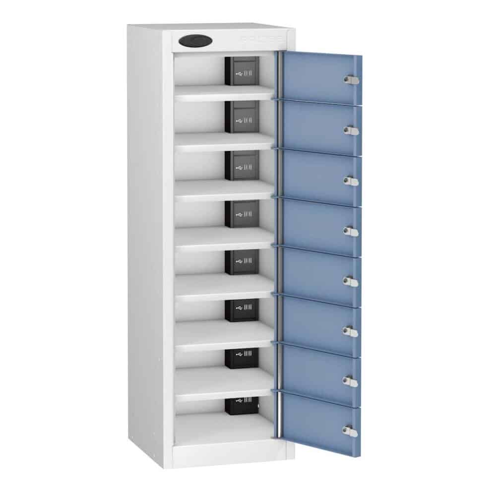 TABBOX 8 Shelf 8 Door Charging Locker With Ocean Colour Door Open and Compartments Visible