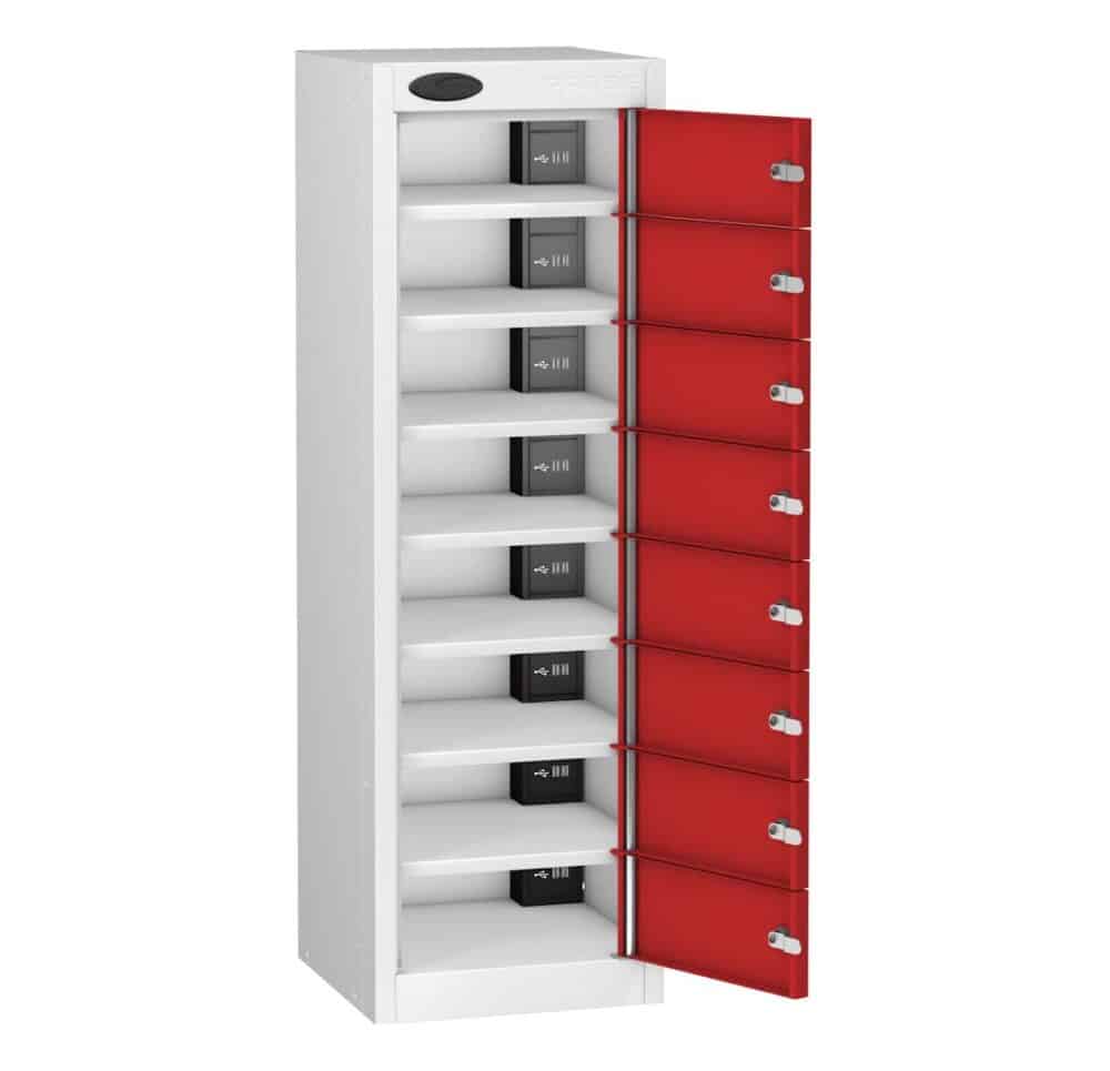 TABBOX 8 Shelf 8 Door Charging Locker With Red Colour Door Open and Compartments Visible