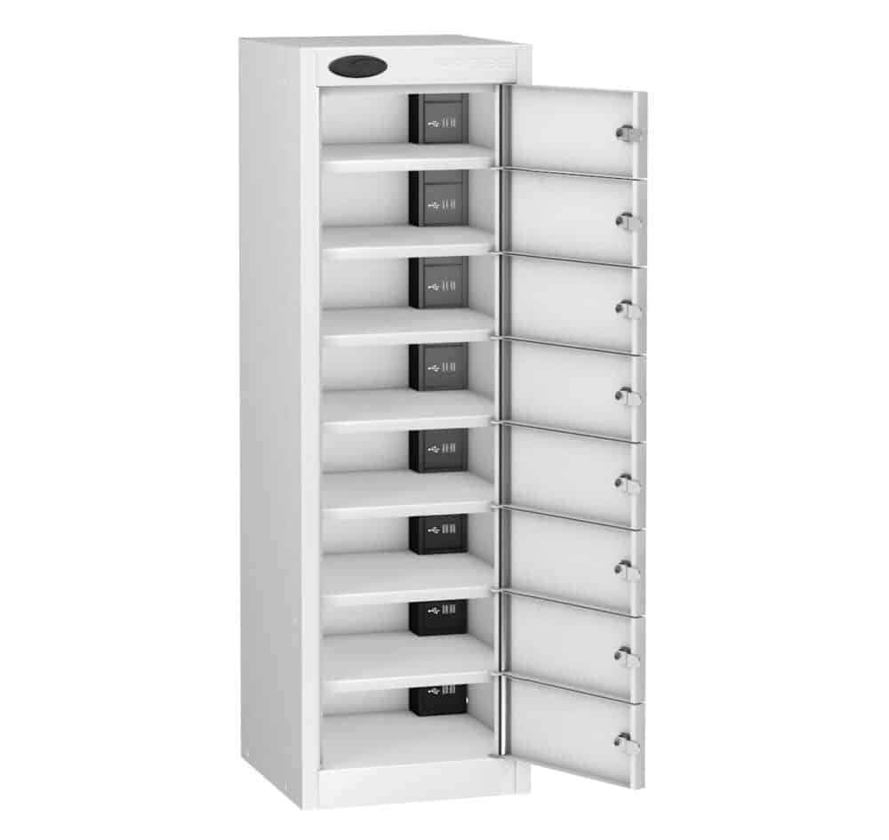 TABBOX 8 Shelf 8 Door Charging Locker With White Colour Door Open and Compartments Visible