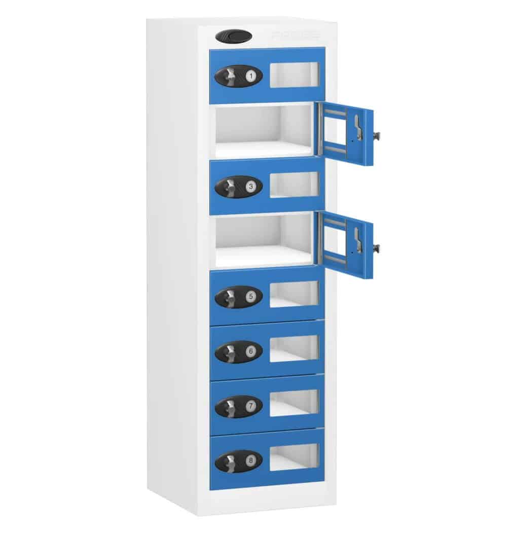 TABBOX Tablet 8 Door Vision Storage Lockers with Blue Colour Doors and White Carcass