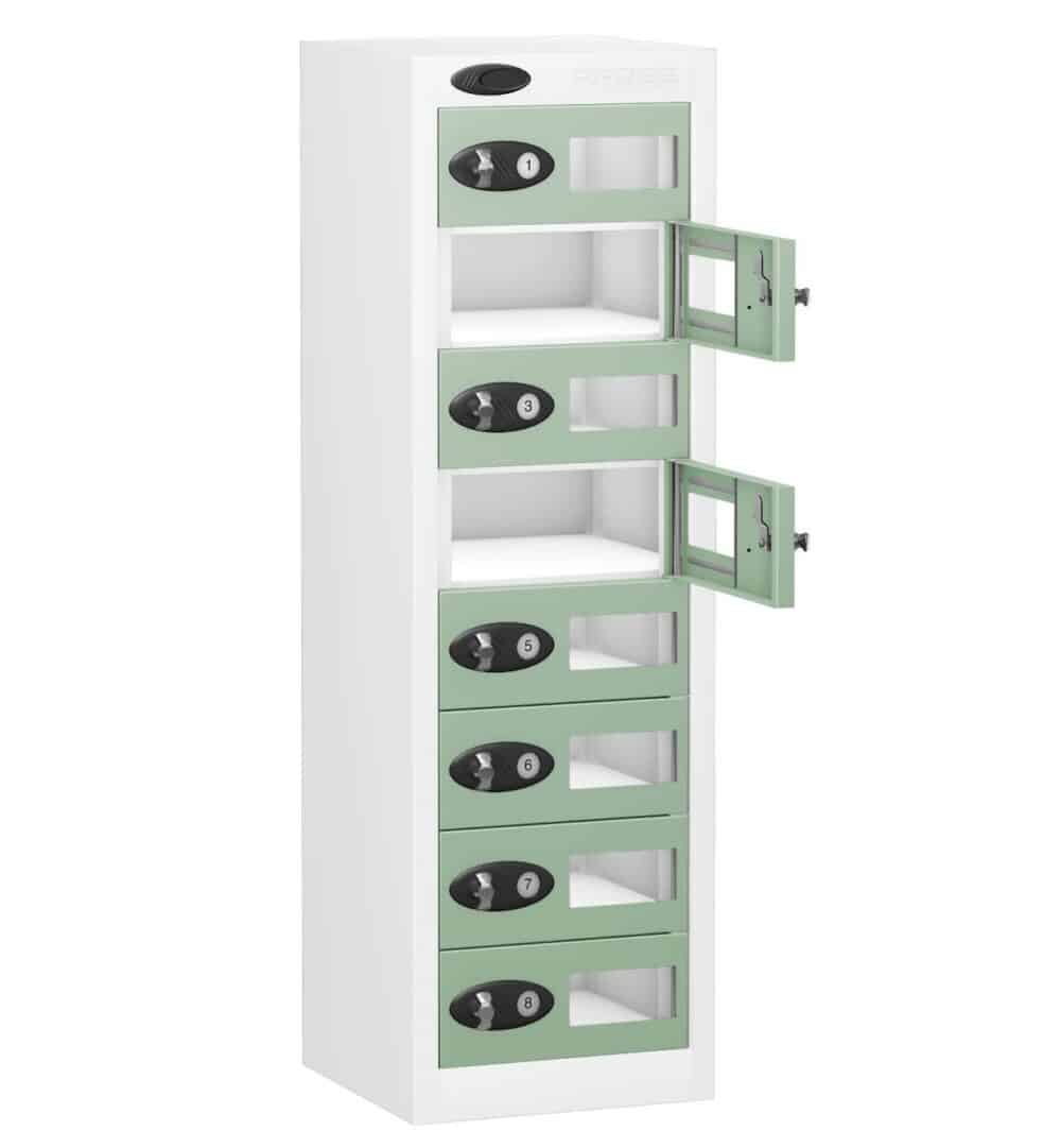 TABBOX Tablet 8 Door Vision Storage Lockers with Jade Colour Doors and White Carcass