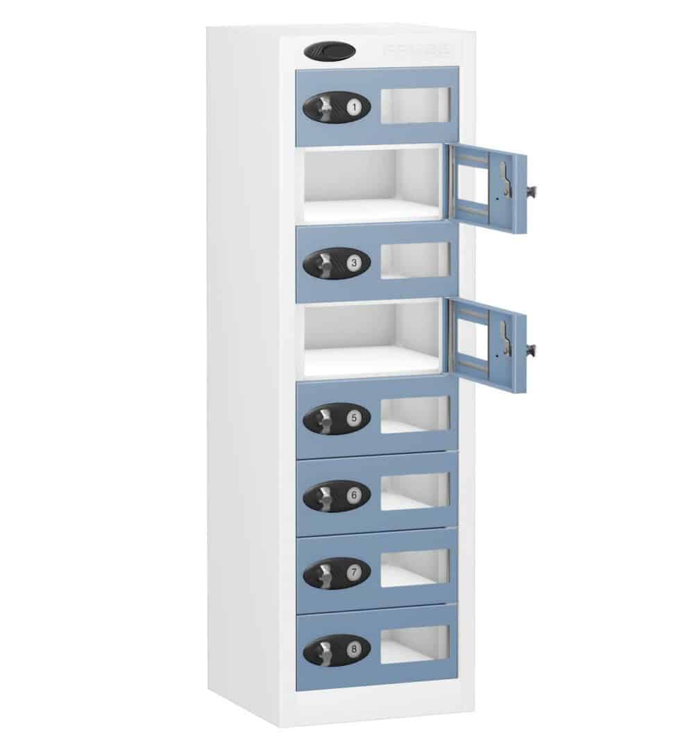 TABBOX Tablet 8 Door Vision Storage Lockers with Ocean Colour Doors and White Carcass