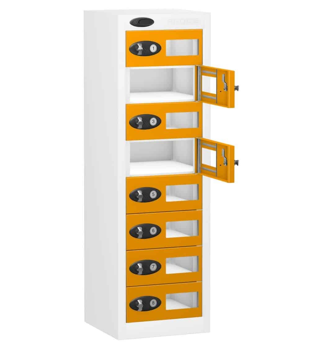 TABBOX Tablet 8 Door Vision Storage Lockers with Orange Colour Doors and White Carcass