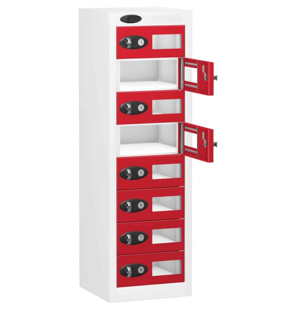 TABBOX Tablet 8 Door Vision Storage Lockers with Red Colour Doors and White Carcass